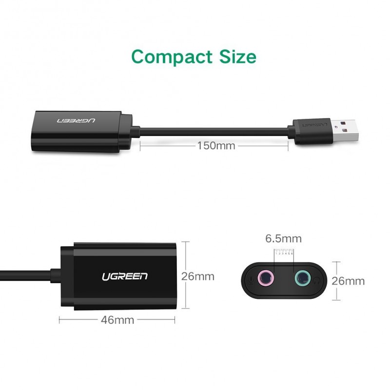 Cáp chuy?n USB Sound Card UGREEN 30724 3.5mm Headphone và Microphone Jack (black)